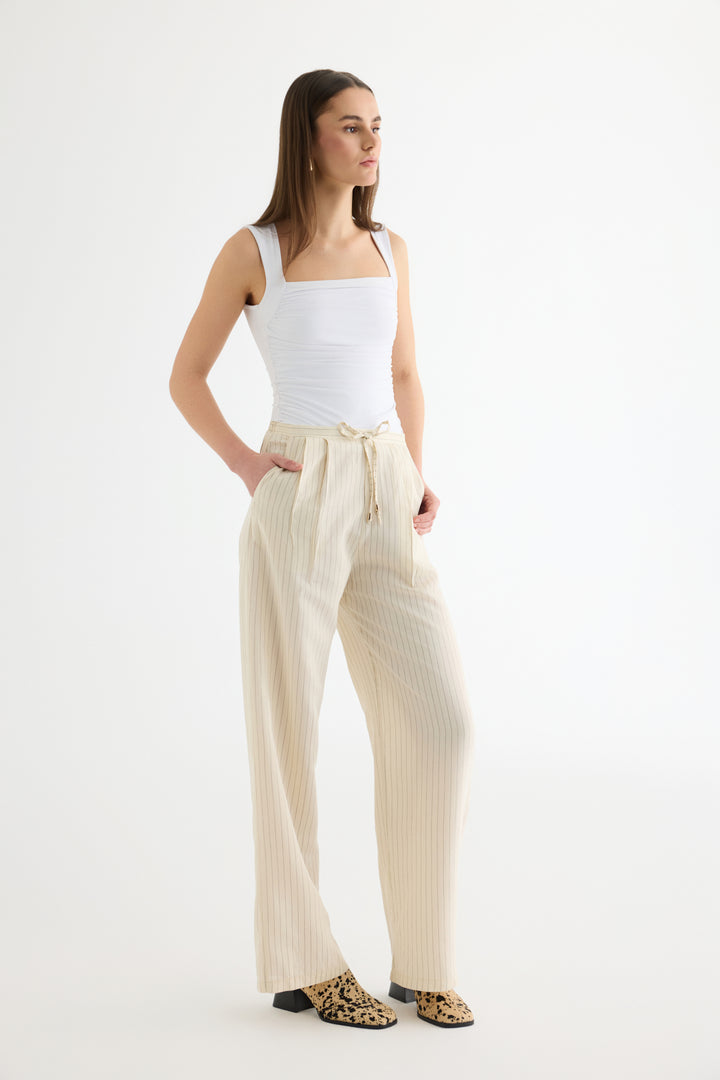 Çizgili Bağcıklı Bol Paça Pantolon Ekru