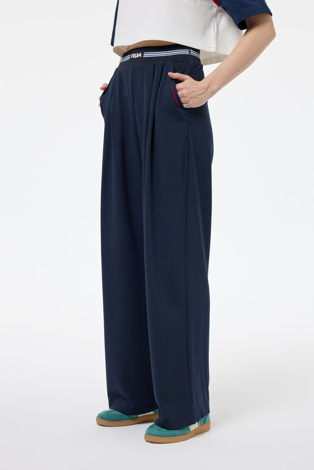 Beli Lastik Şeritli Bol Paça Pantolon Lacivert