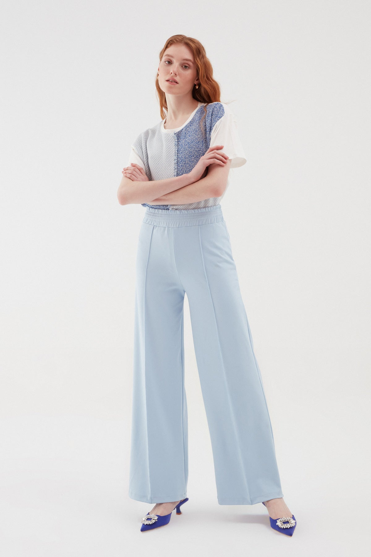 Elastic Waist Wide Trousers Baby Blue