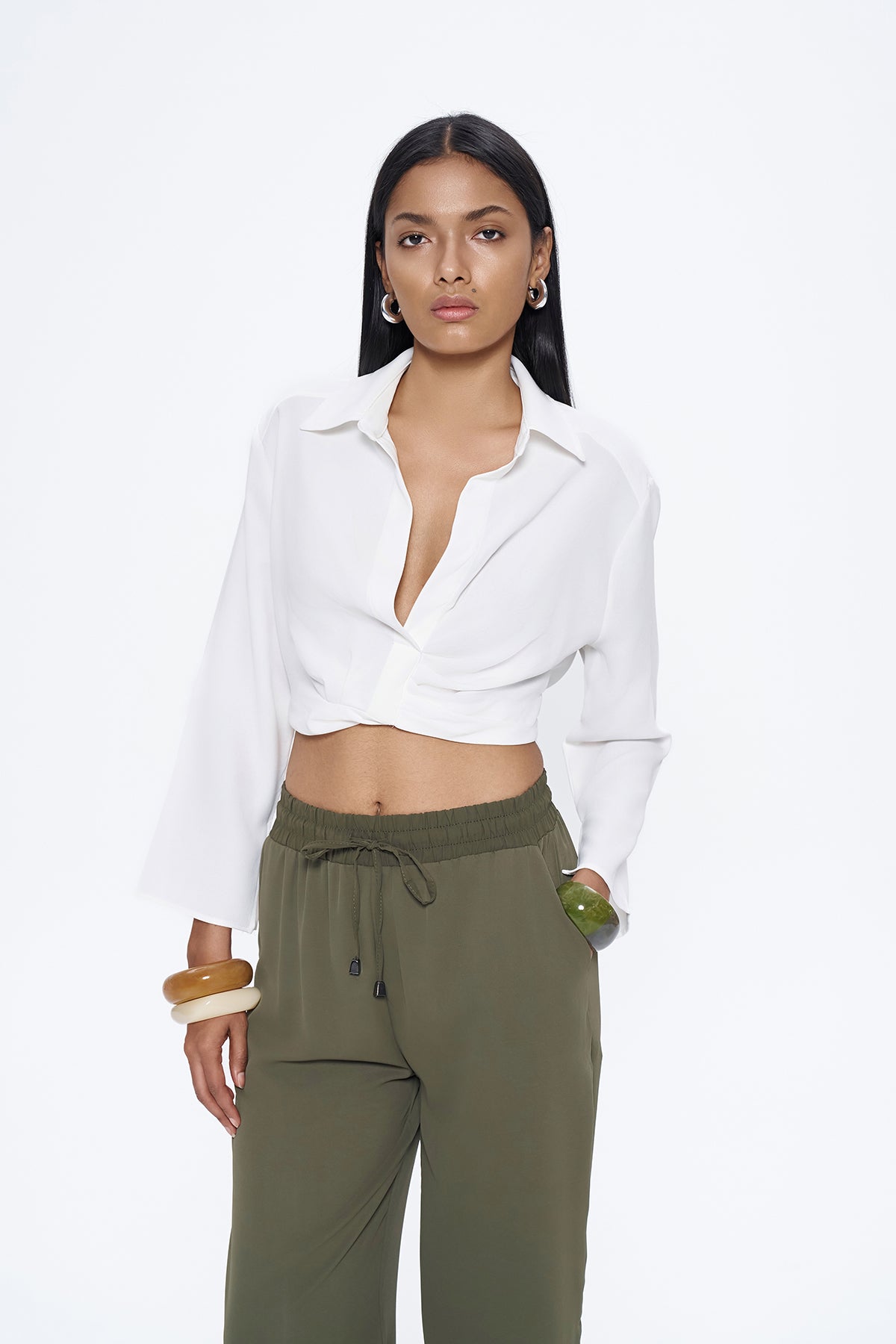 Elastic Waist Crop Shirt White