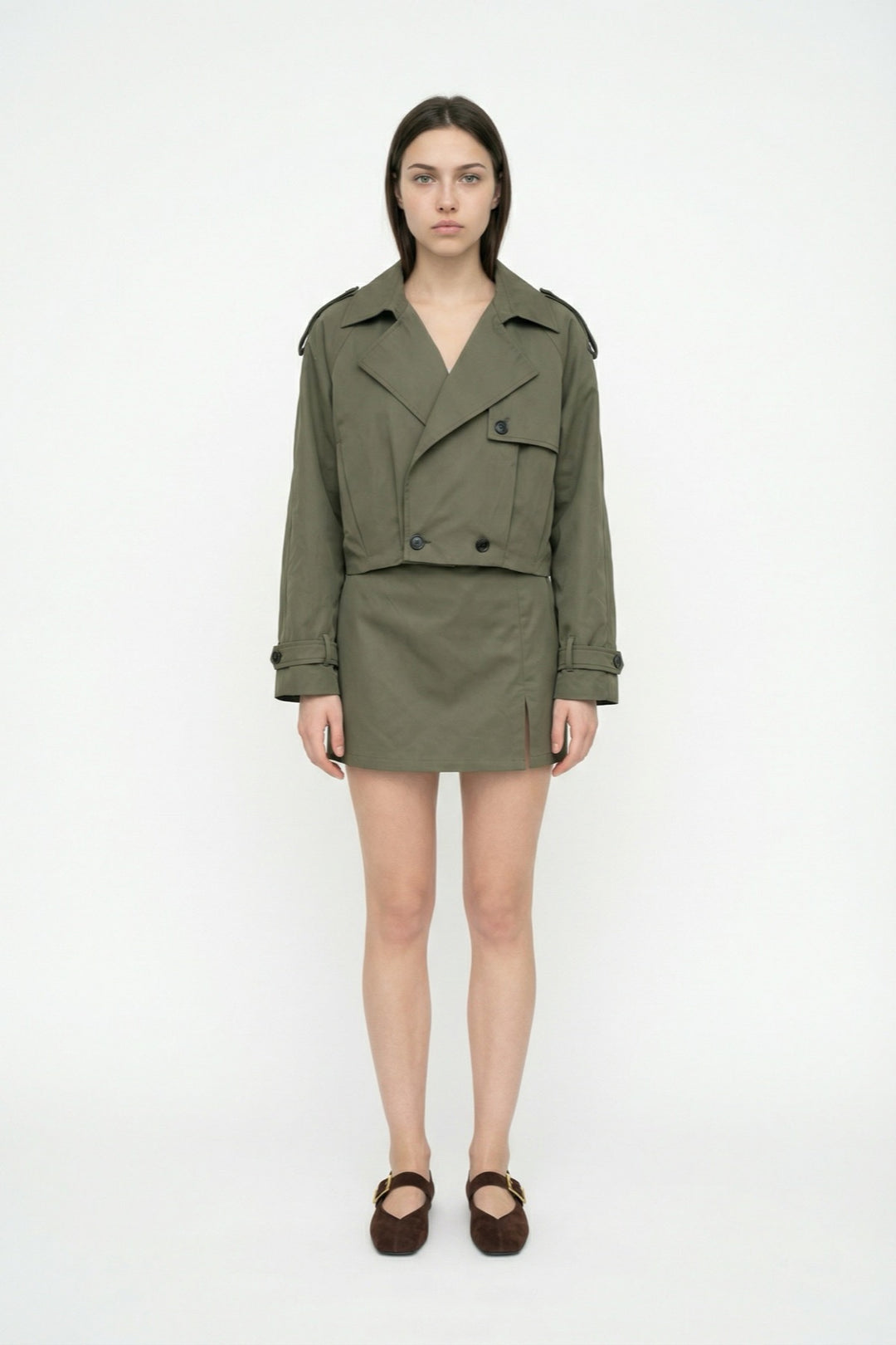 Apoletli Kruvaze Yaka Kısa Trençkot Haki