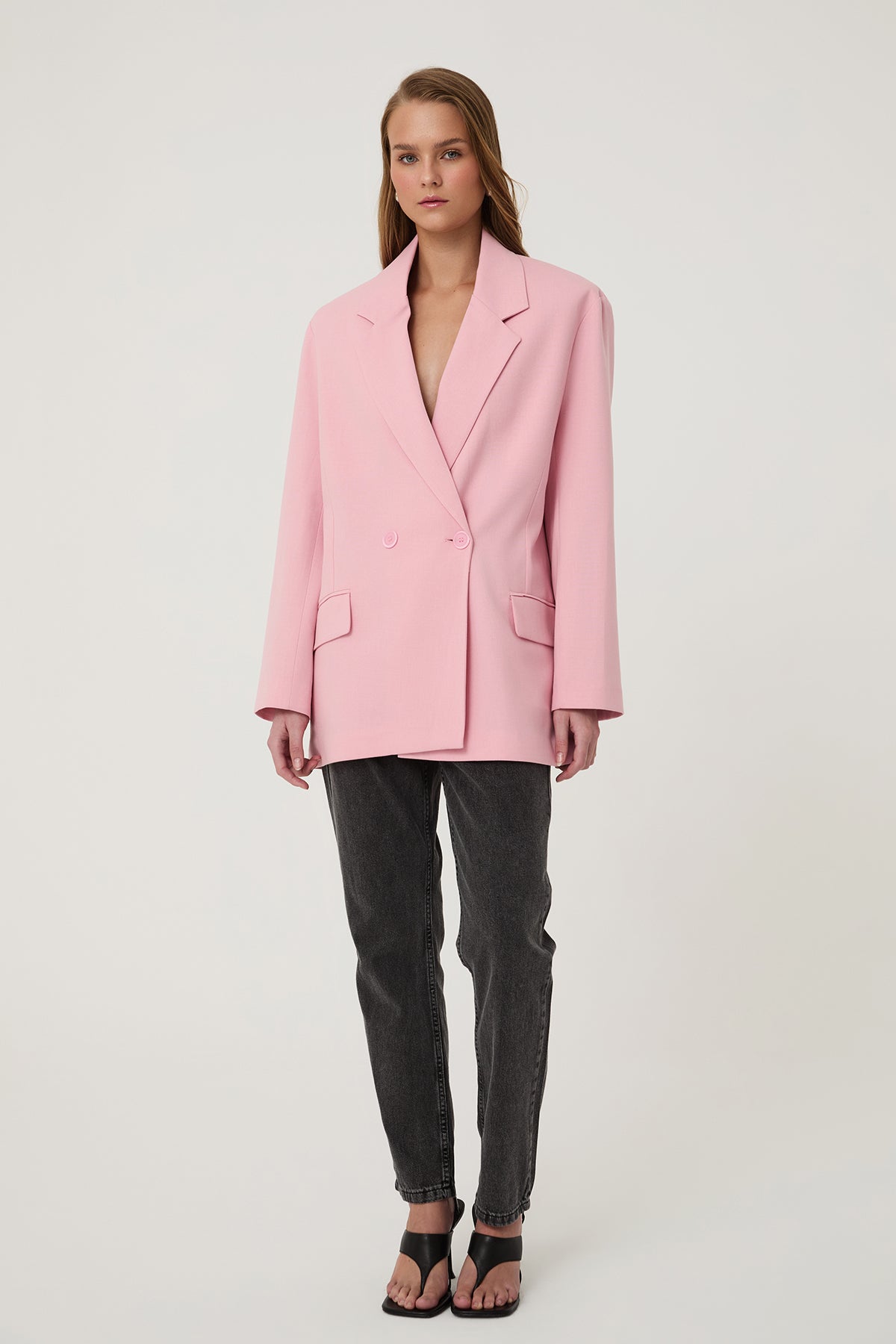 Kruvaze Yaka Oversize Blazer Ceket Pembe