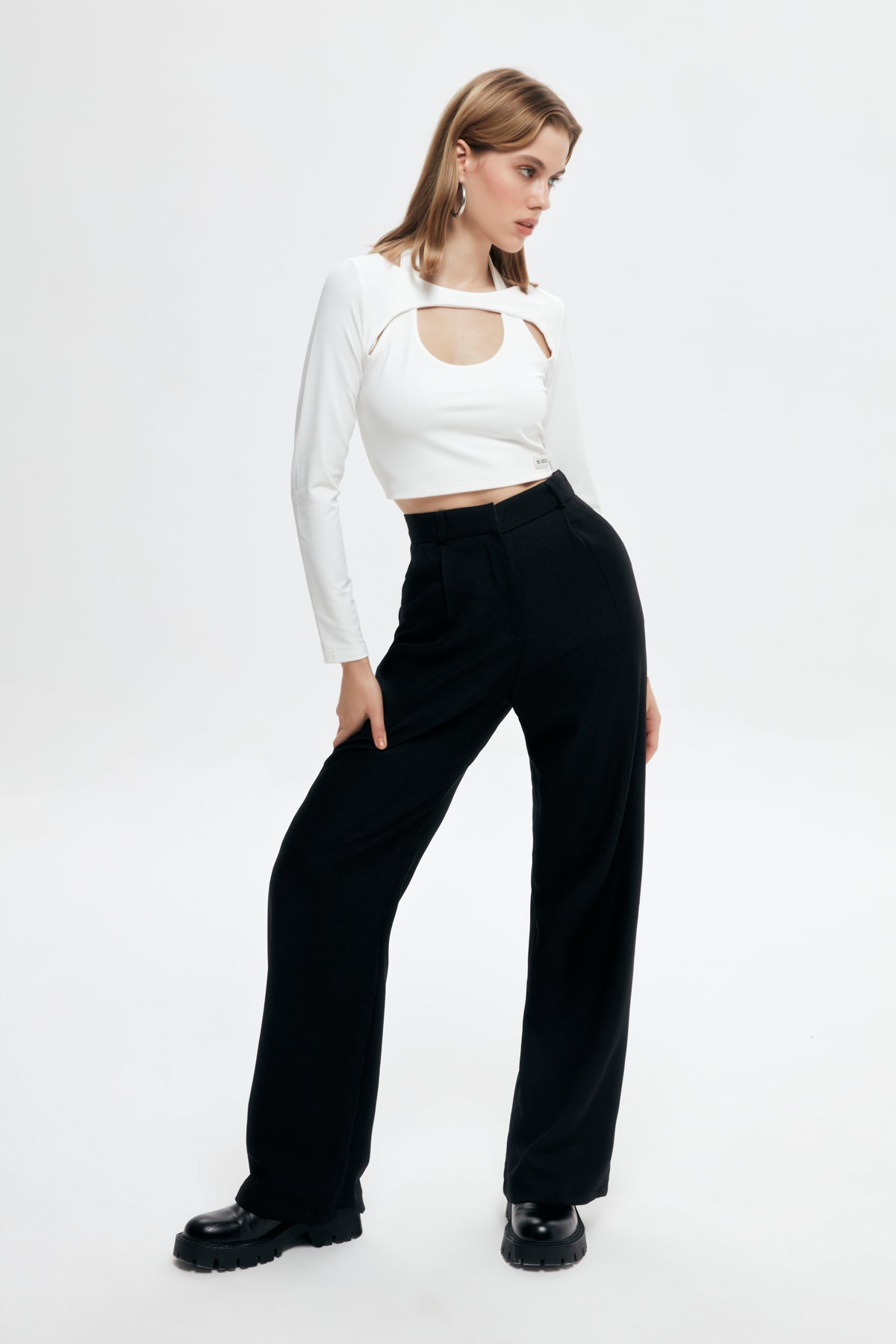 High Waist Wide Leg Fabric Trousers Black