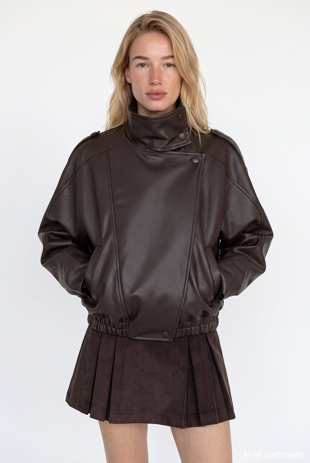 Asimetrik Oversize Bomber Deri Ceket Kahverengi