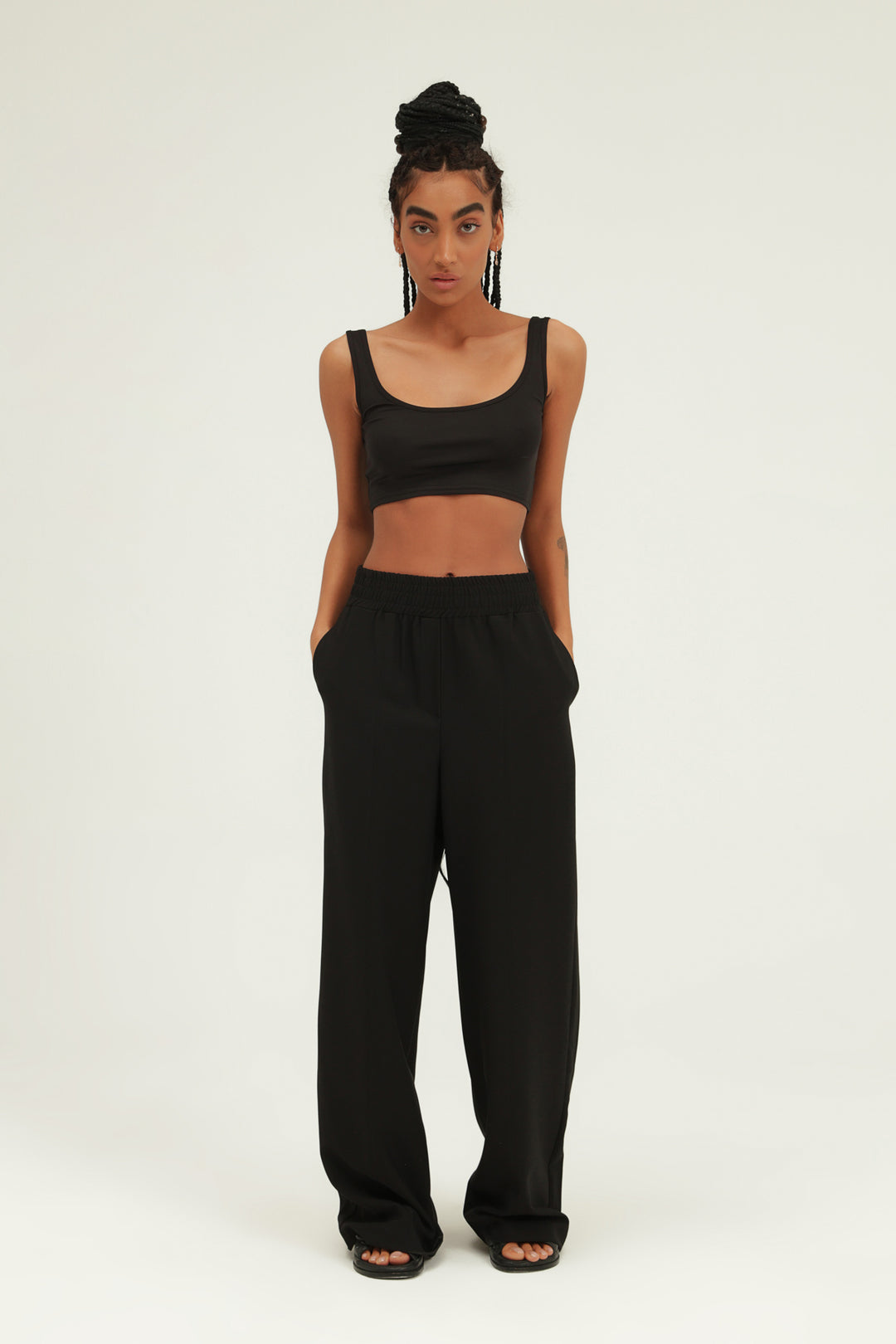 Elastic Waist Wide Leg Trousers Black
