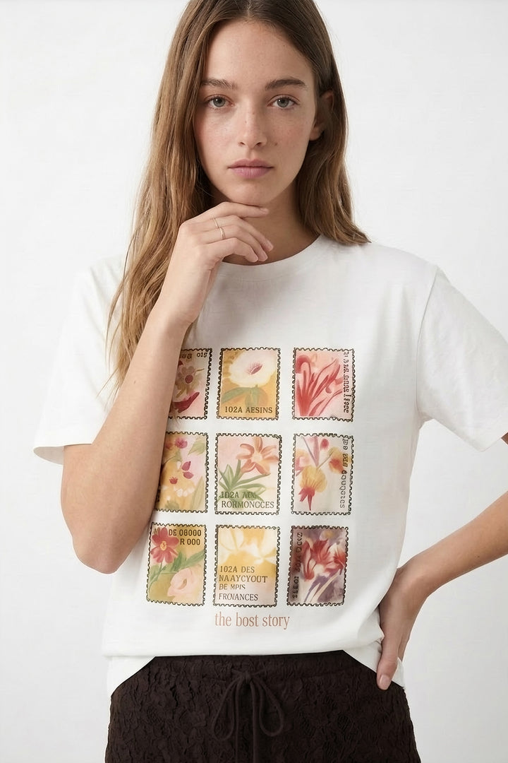 Çiçek Kolaj Baskılı Oversize Tişört Ekru