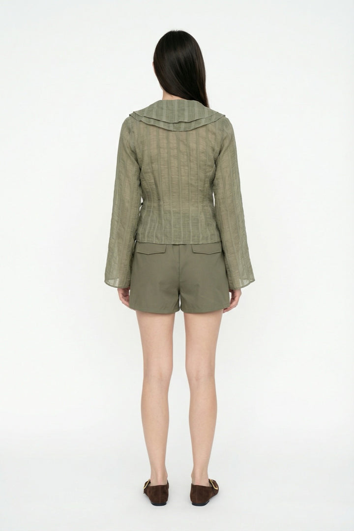 Fırfırlı Kruvaze Bağlamalı Bluz Haki