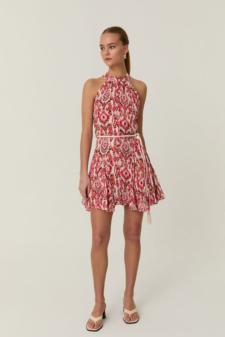 Halter Yaka Desenli Mini Elbise Kırmızı