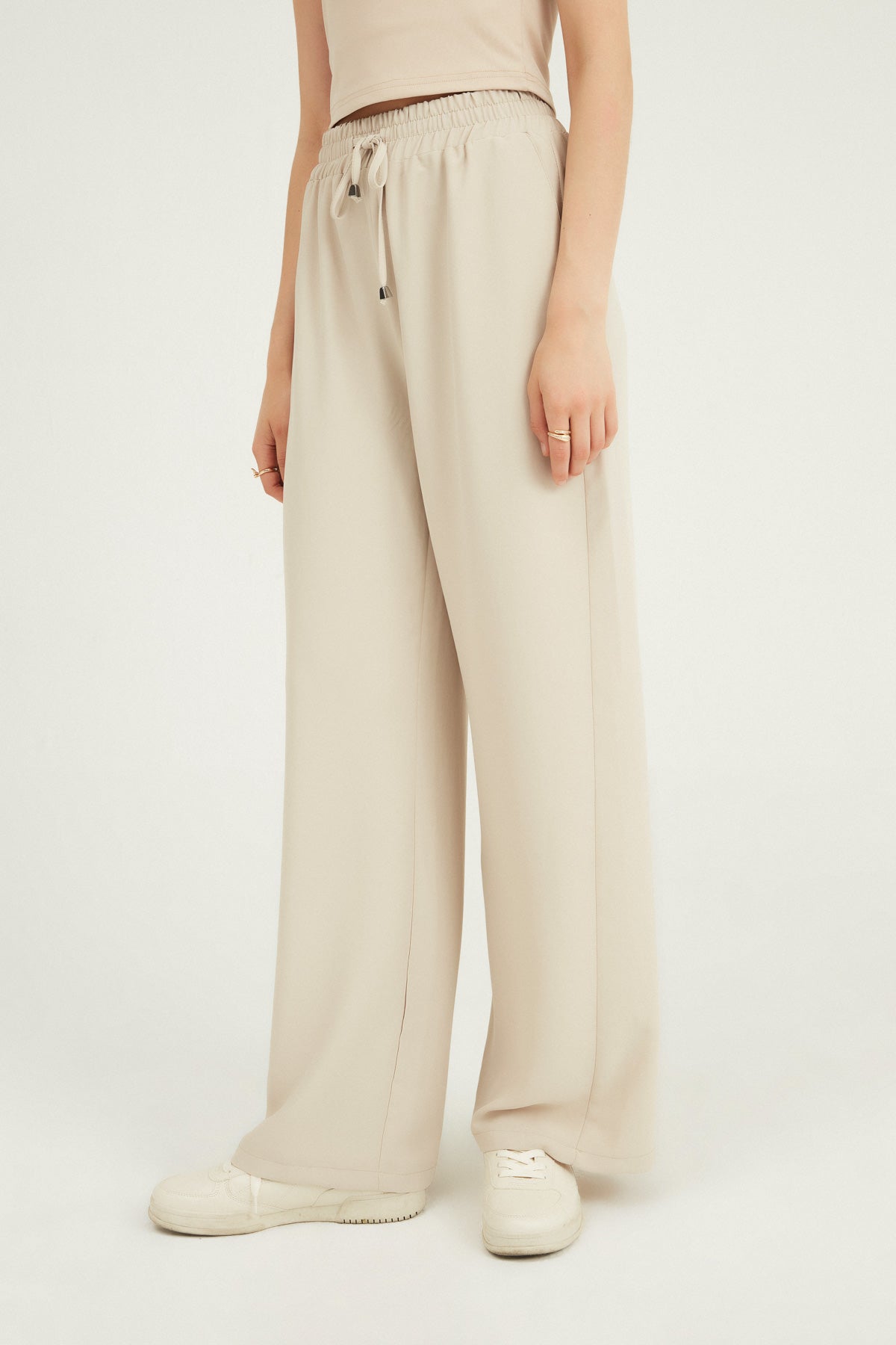 Elastic Waist Wide Leg Trousers Stone