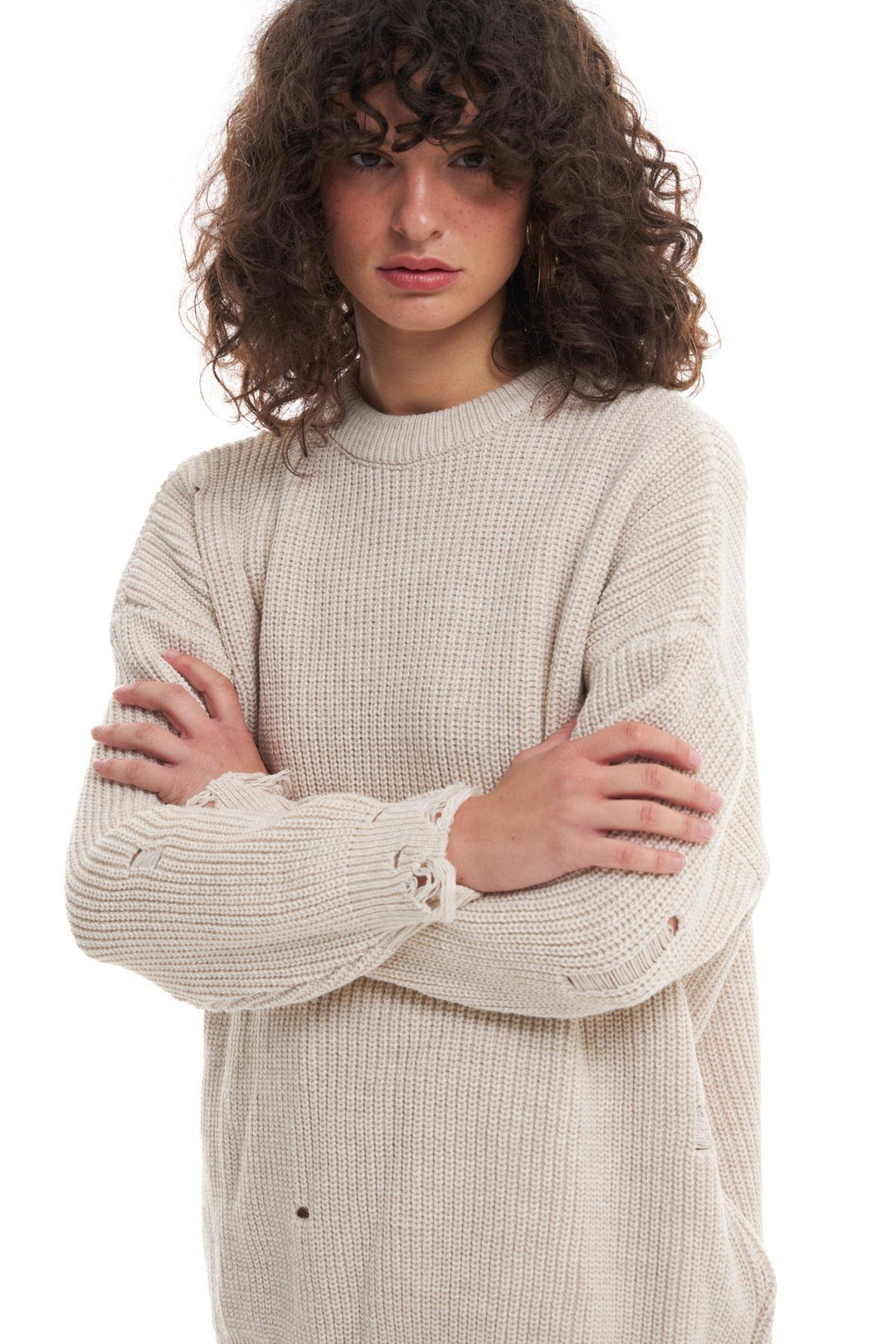 Ripped Detailed Oversize Sweater Stone