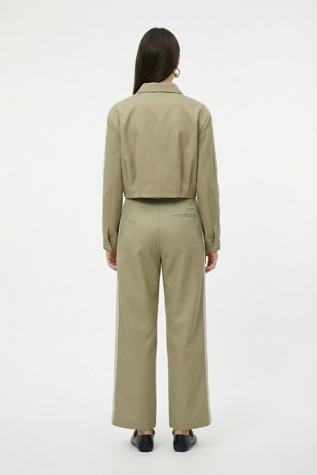 Ön Pileli Şeritli Crop Ceket Haki