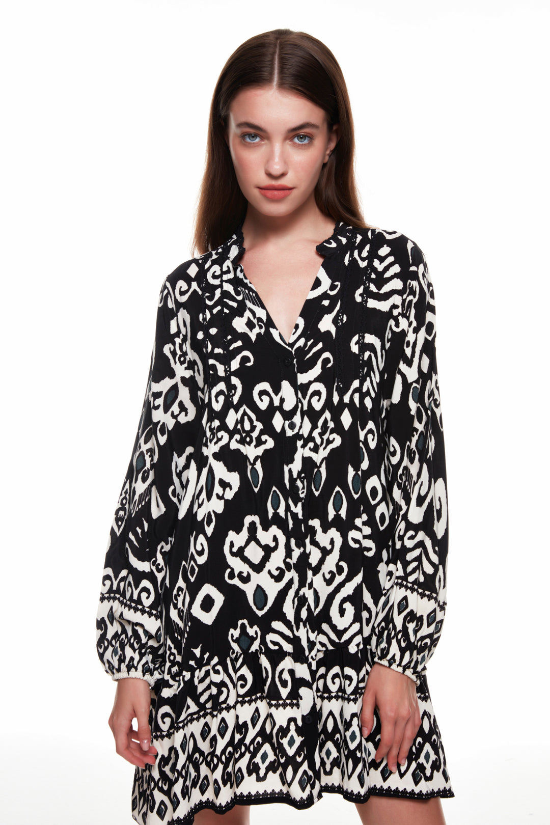 Pleated Patterned Mini Dress Black