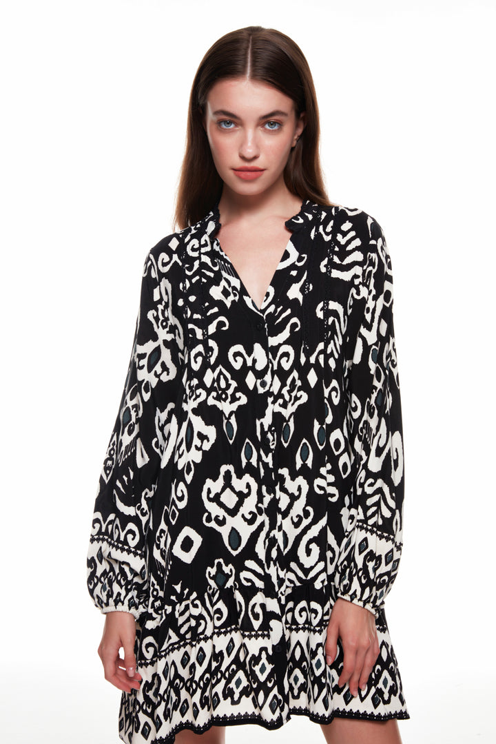 Pleated Patterned Mini Dress Black