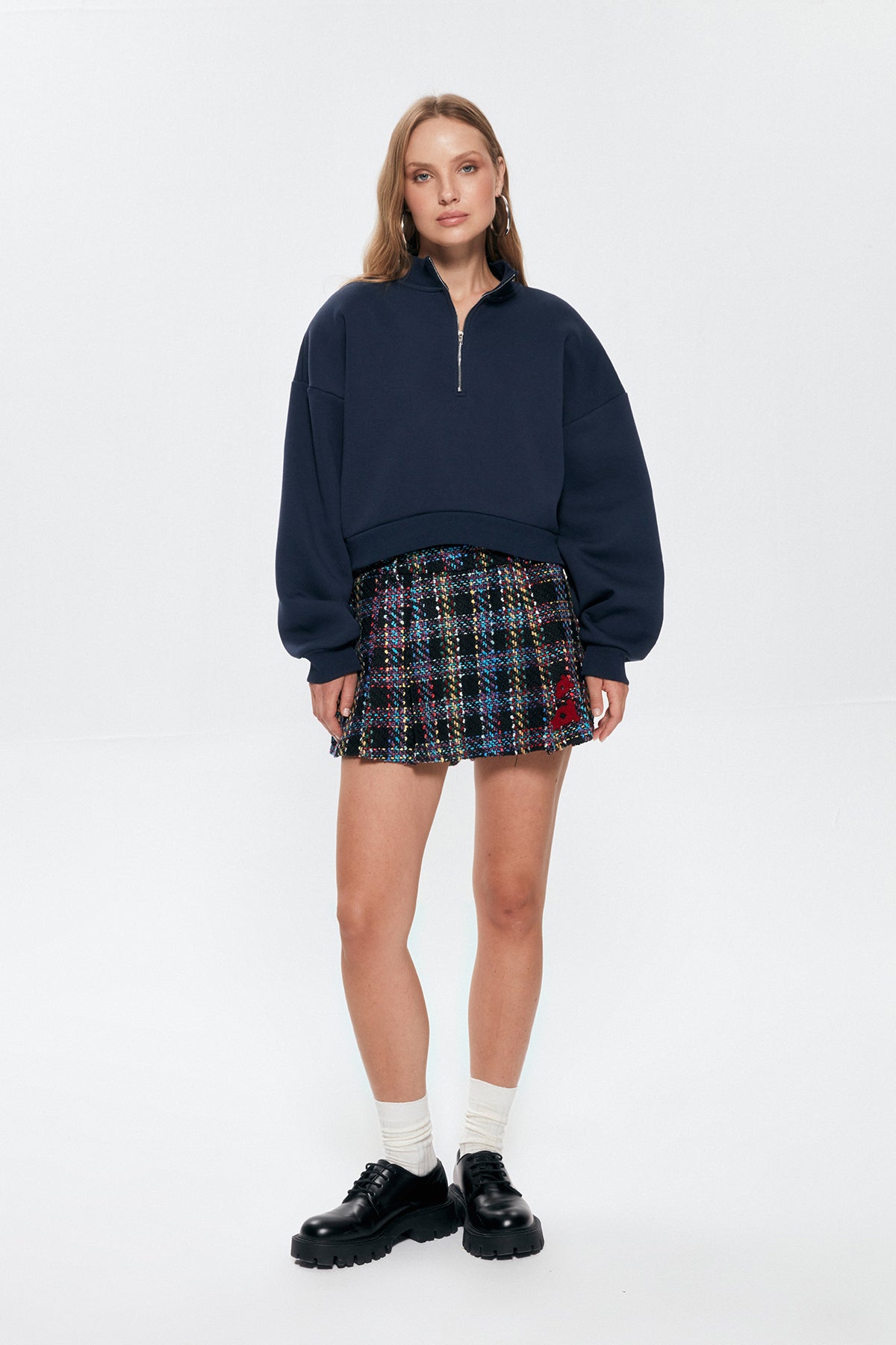 Zipper Detailed Crop Sweatshirt Navy Blue