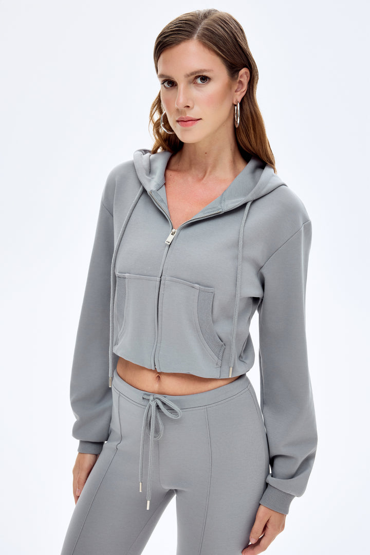 Kapüşonlu Fermuarlı Basic Sweatshirt Gri