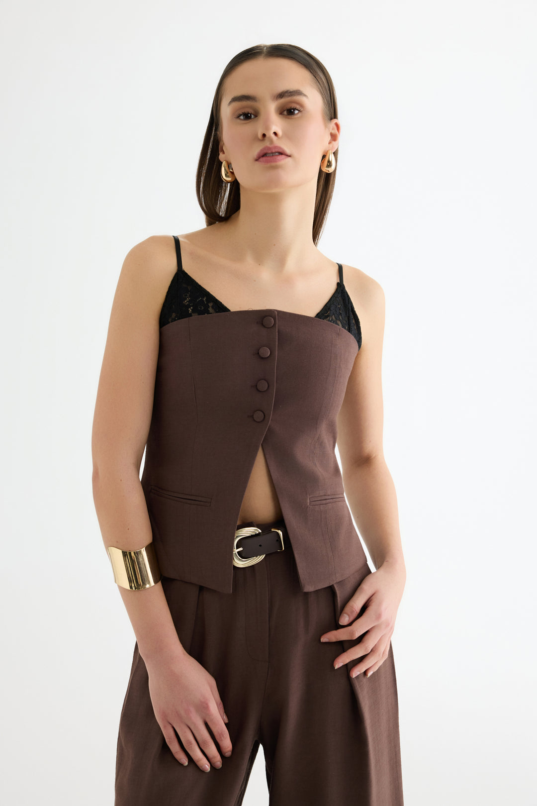 Dantel Askı Garnili Bustiyer Bluz Kahverengi