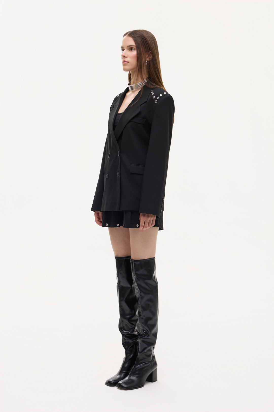 Kuş Gözü Detaylı Çift Düğmeli Oversize Blazer Ceket Siyah