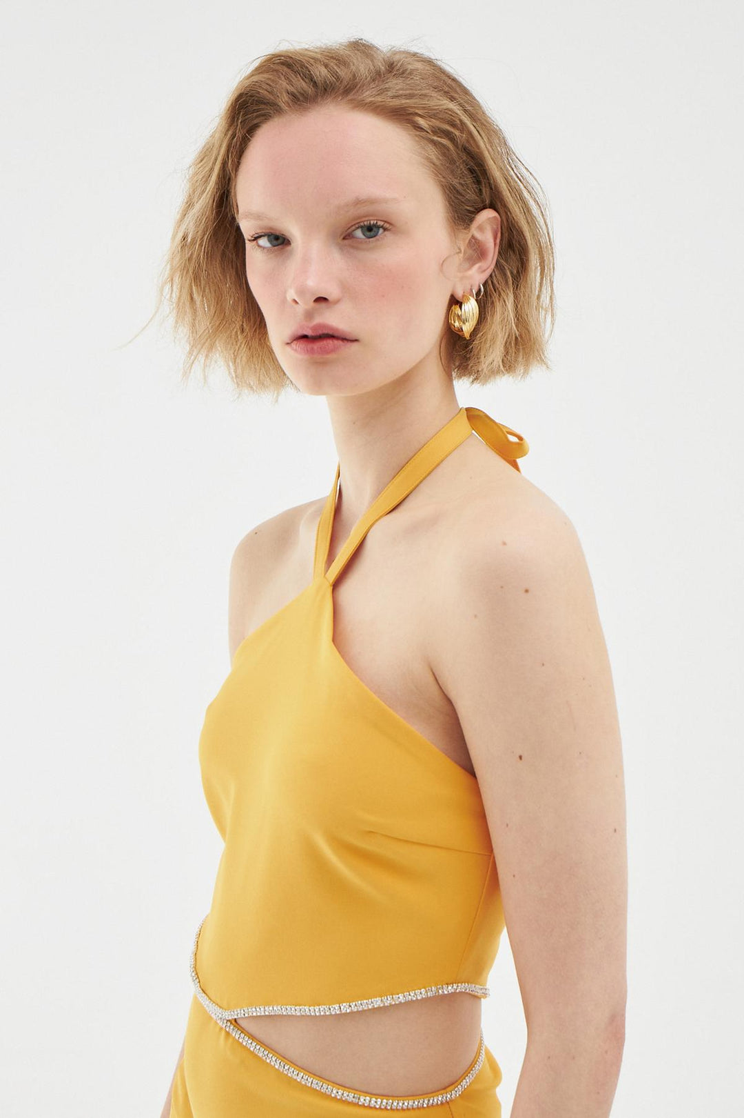 Stone Detailed Cut Out Dress Orange