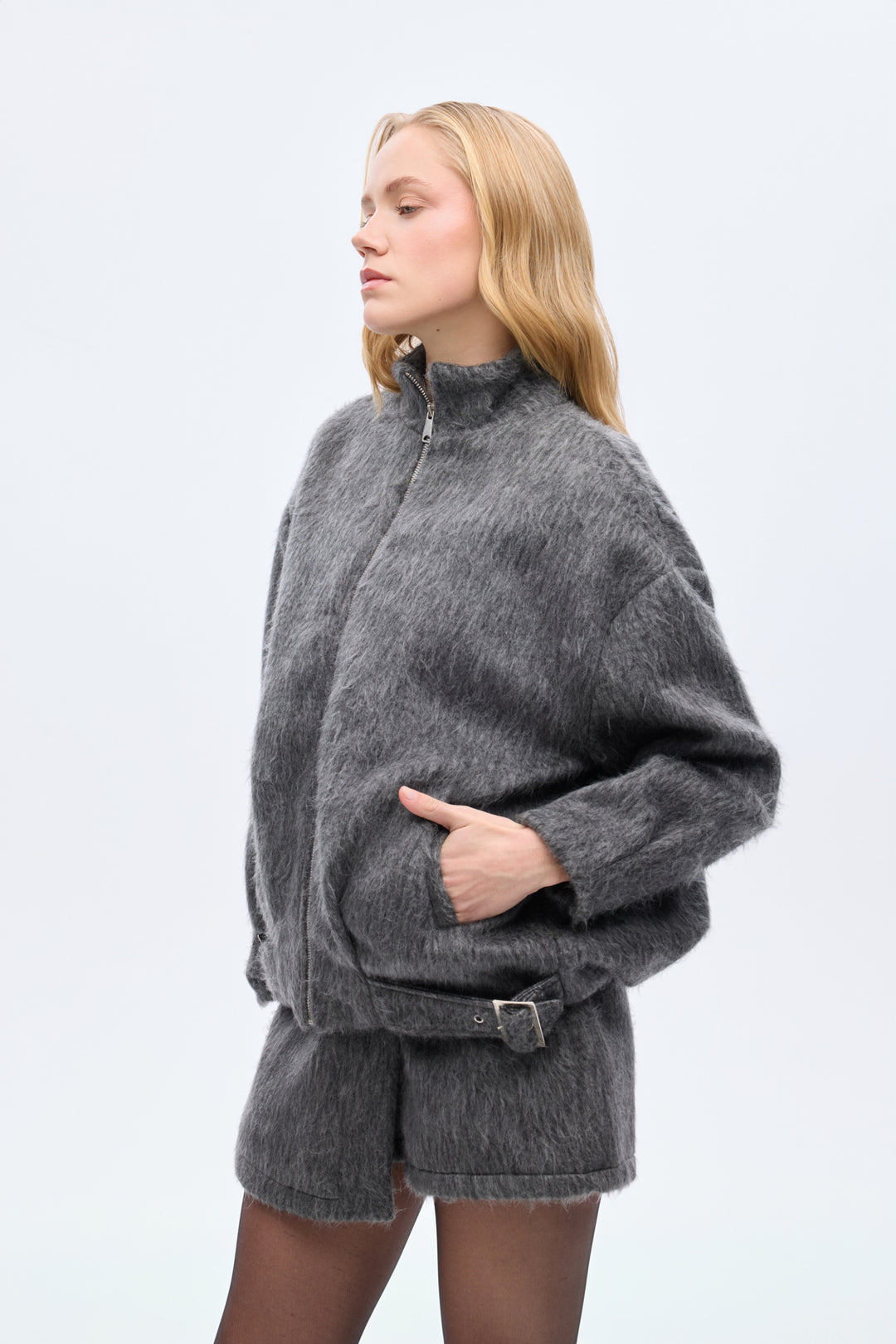 Tüylü Tokalı Oversize Bomber Ceket Antrasit