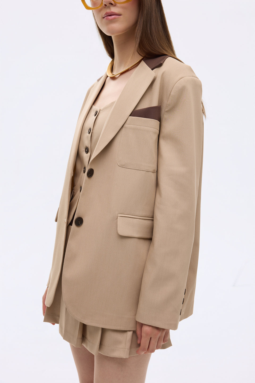 Kontrast Yaka Mendil Garnili Oversize Blazer Ceket Bej