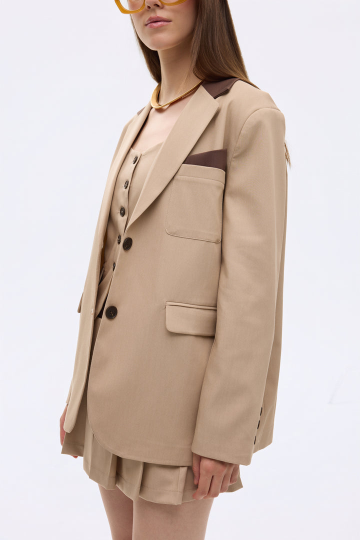 Kontrast Yaka Mendil Garnili Oversize Blazer Ceket Bej