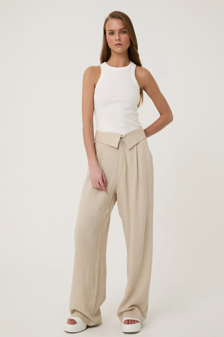 Waist Detailed Wide Leg Linen Trousers Natural