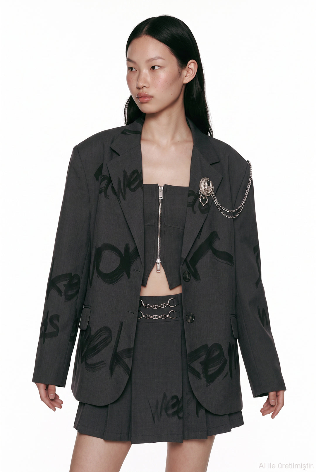 Yazı Baskılı Broş Aksesuarlı Oversize Blazer Ceket Gri