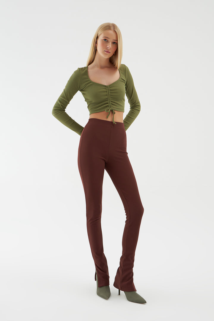 Yanı Yırtmaçlı Pantolon Kahverengi