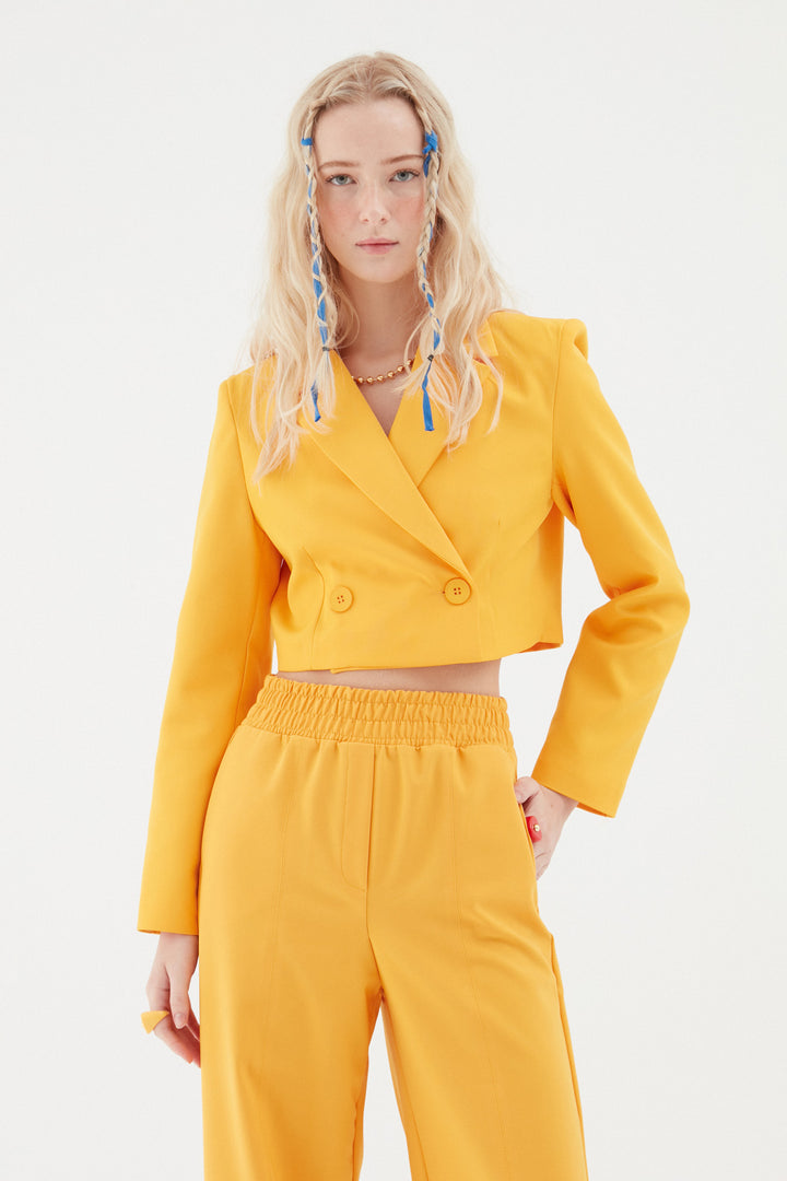 Kruvaze Crop Blazer Ceket Turuncu