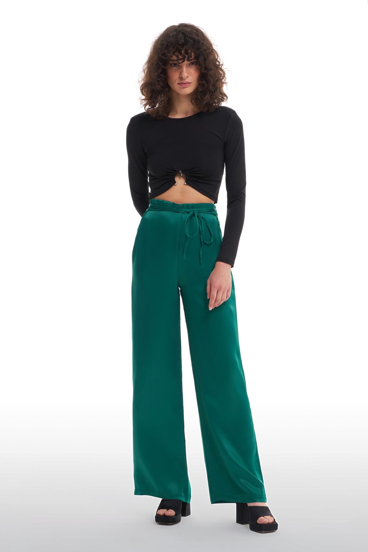 Wide Leg Satin Trousers Dark Green