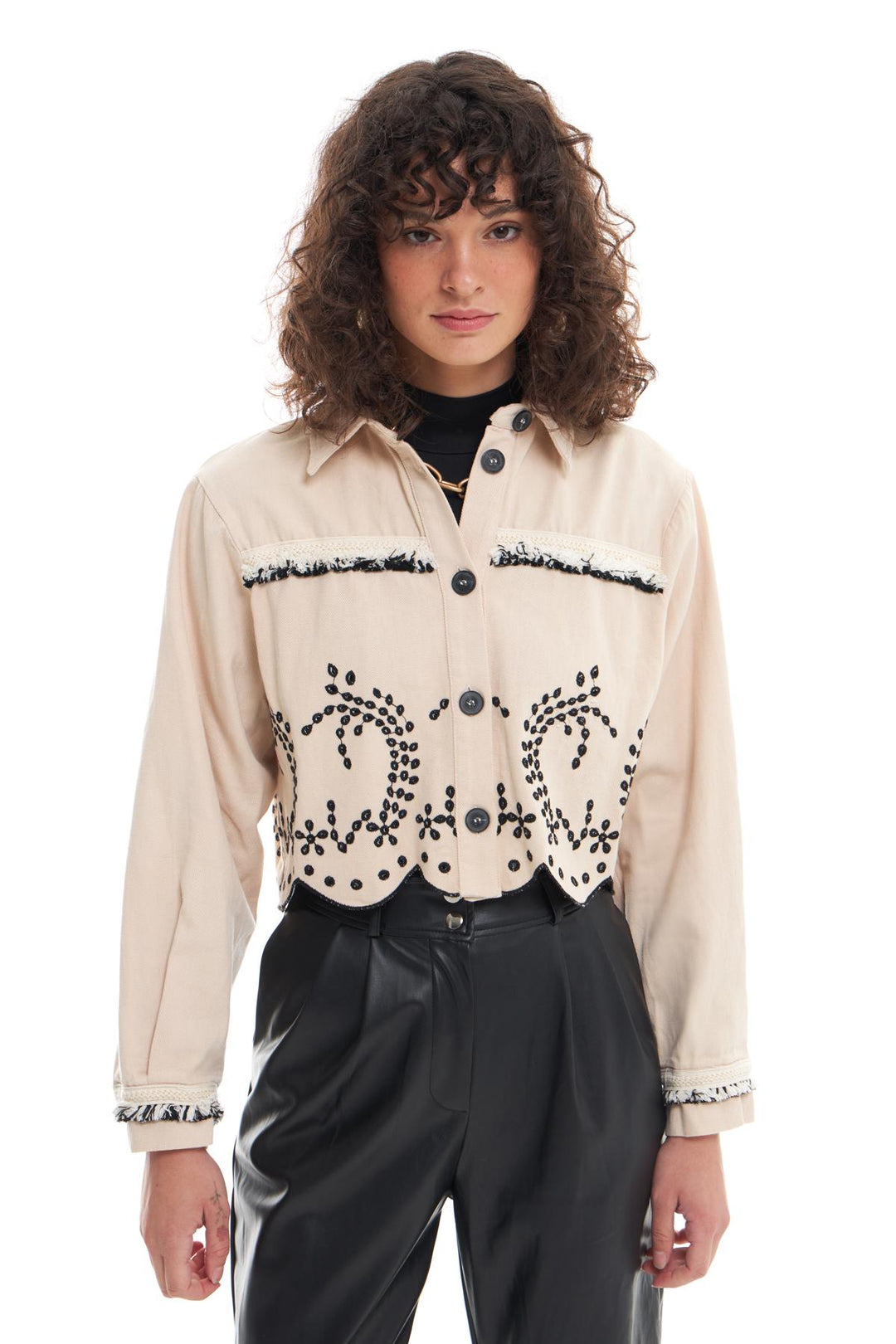 Püskül Detaylı Crop Ceket Taş