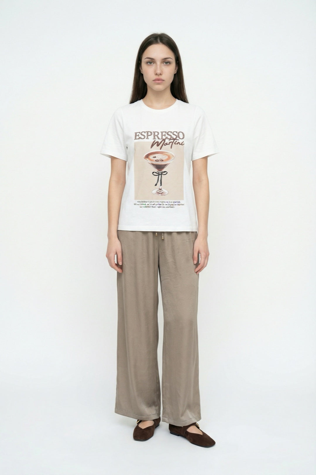 Espresso Nakışlı Baskılı Oversize Tişört Ekru