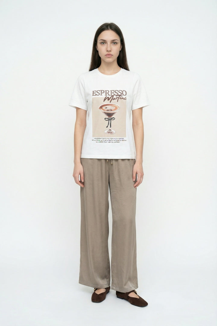 Espresso Nakışlı Baskılı Oversize Tişört Ekru