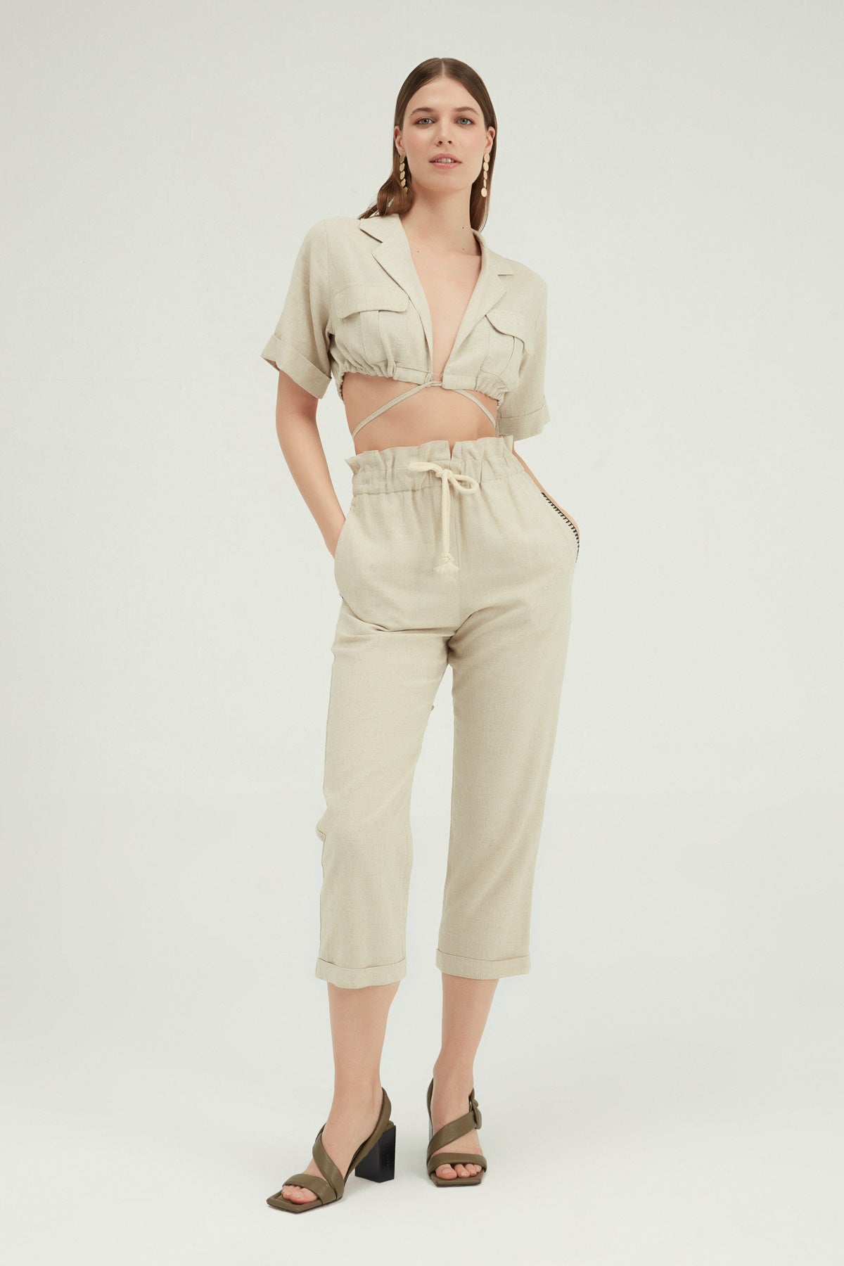 Tie Front Crop Linen Shirt Natural