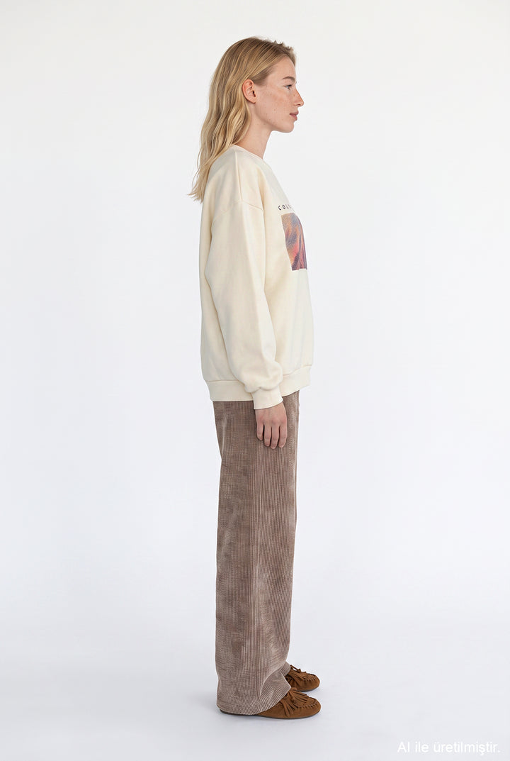 Grafik Baskılı Oversize Sweatshirt Bej