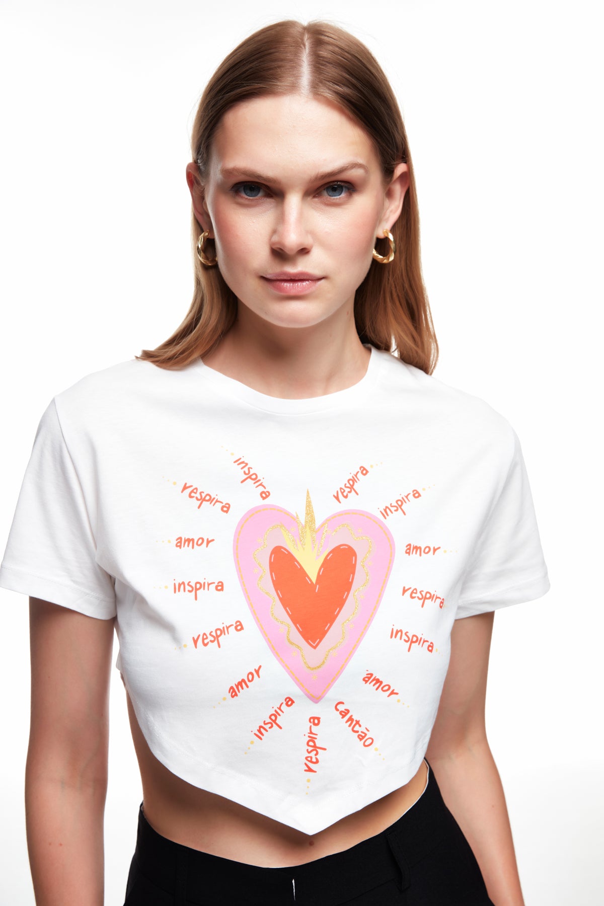 Heart Printed Crop T-Shirt Ecru