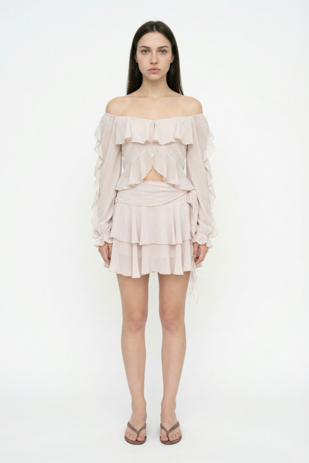 Bağlamalı Fırfırlı Mini Etek Bej