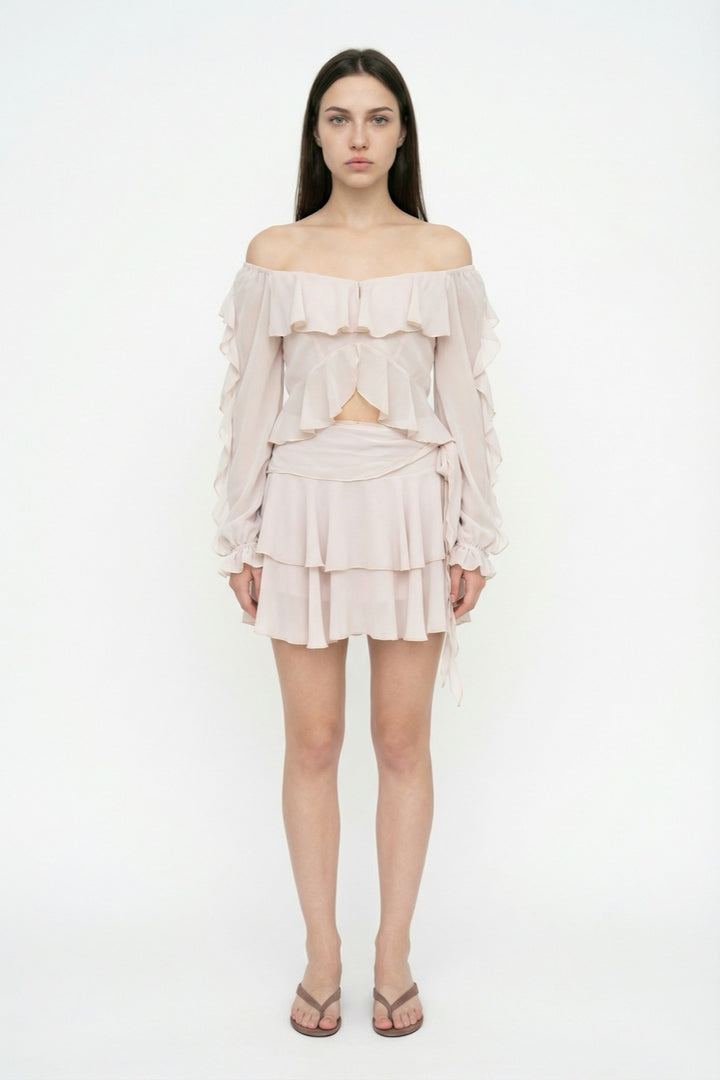 Bağlamalı Fırfırlı Mini Etek Bej