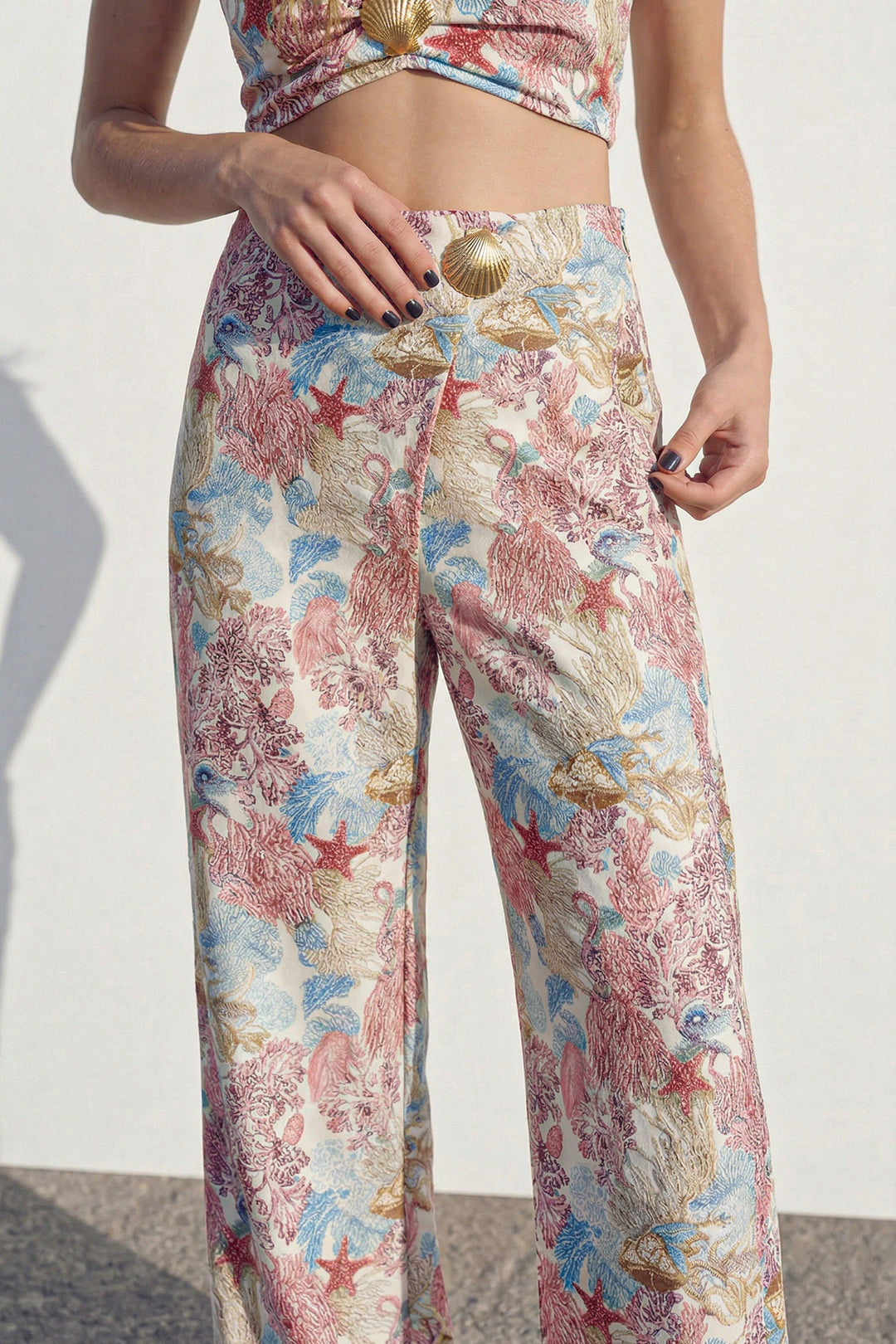 Çiçek Desenli Bol Paça Kruvaze Pantolon Pembe