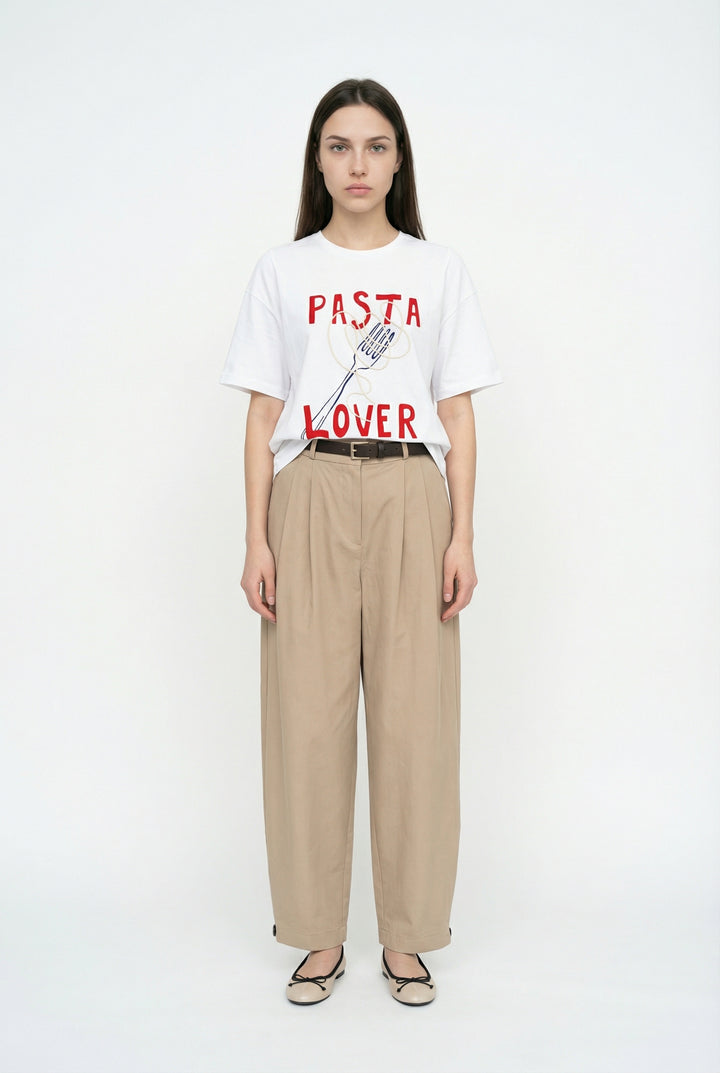 Pasta Lover Baskılı Oversize Tişört Beyaz