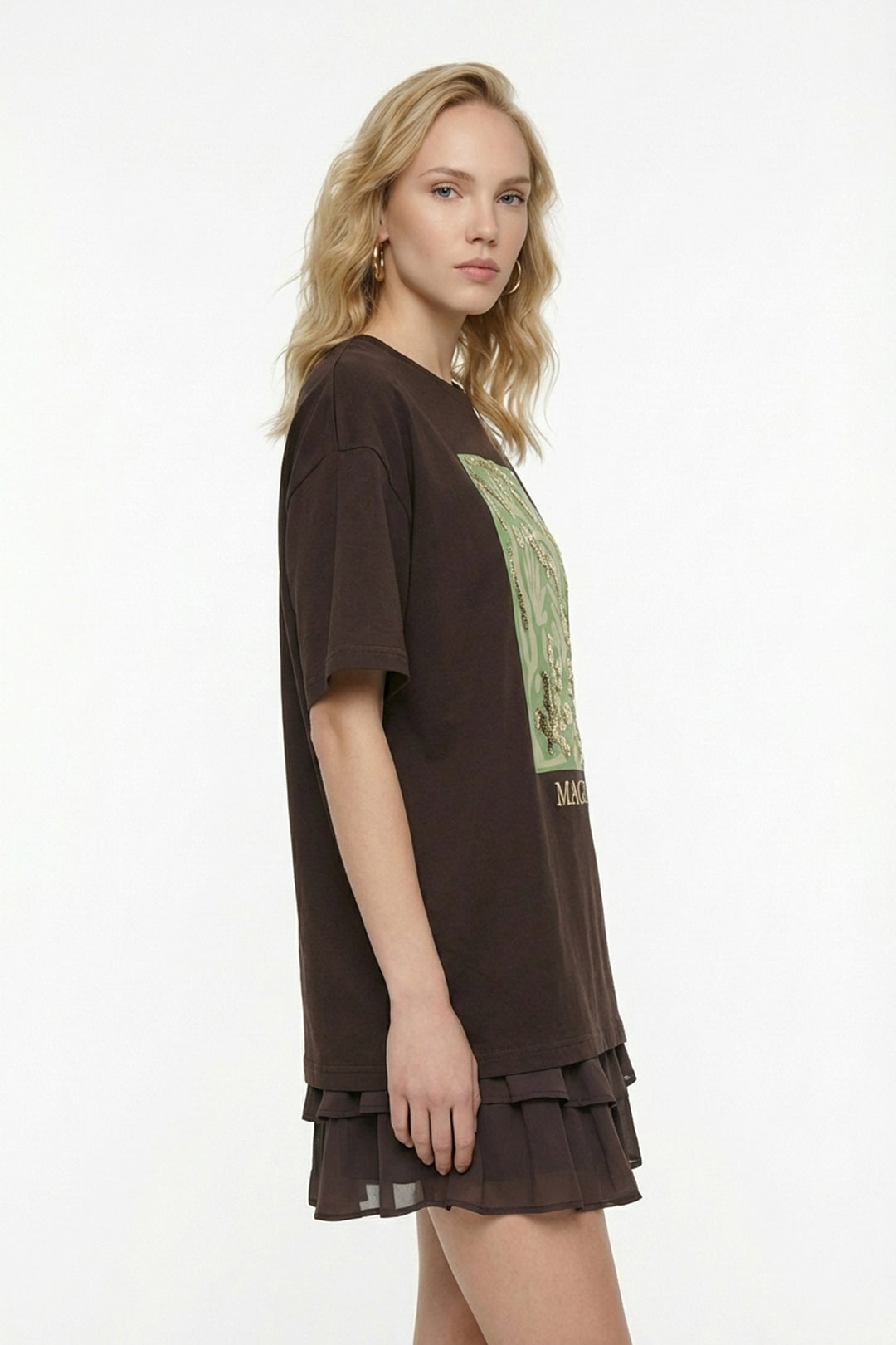 Pul İşlemeli Baskılı Oversize Tişört Kahverengi