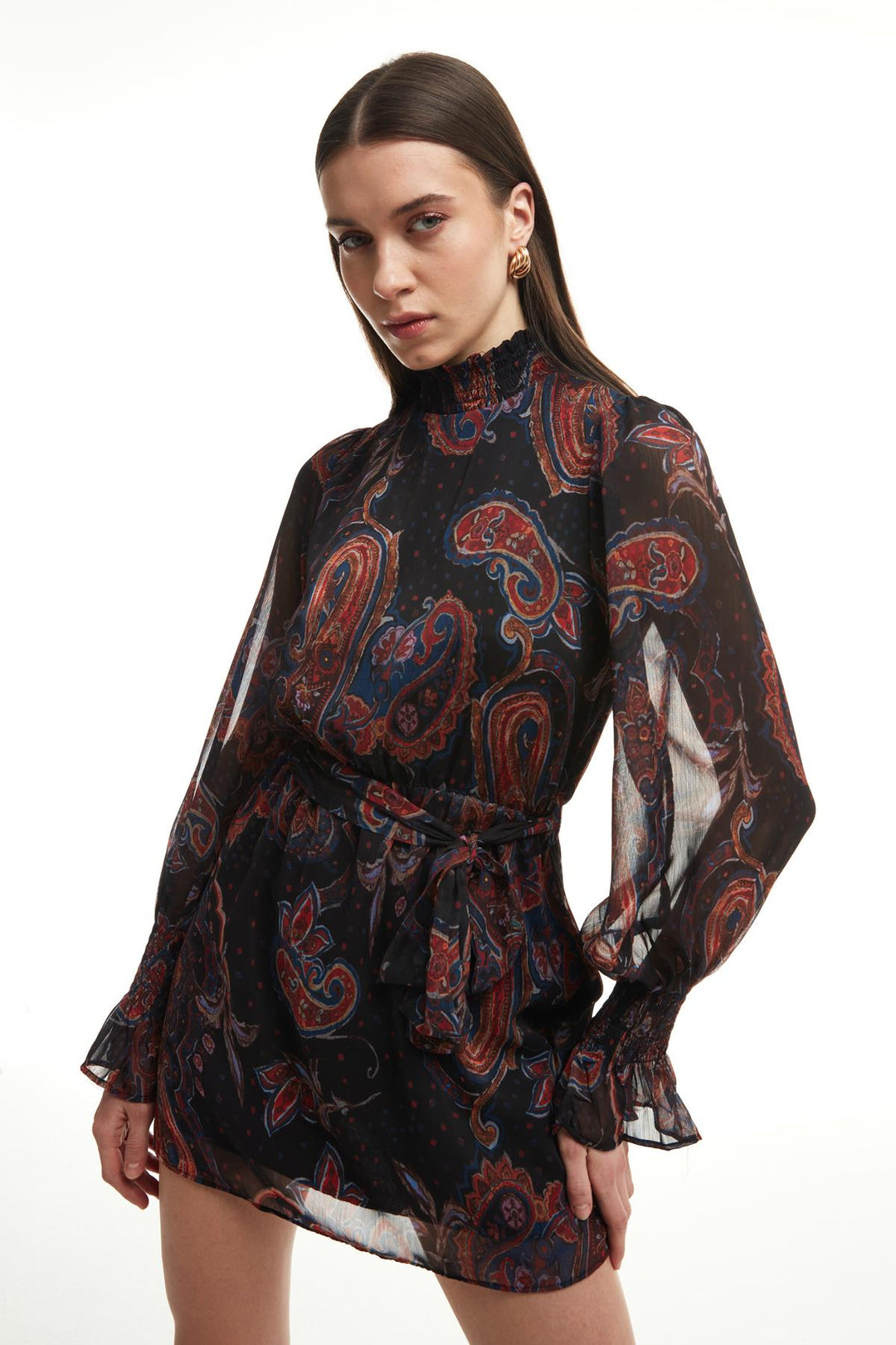 Tie Waist Patterned Short Dress Black