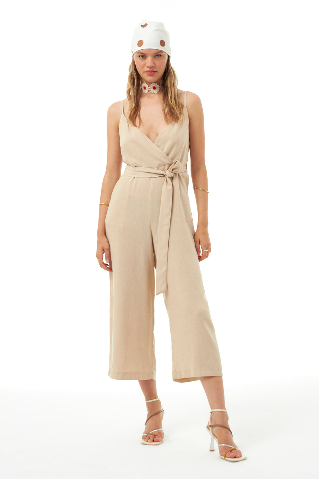 Strap Linen Overalls Beige