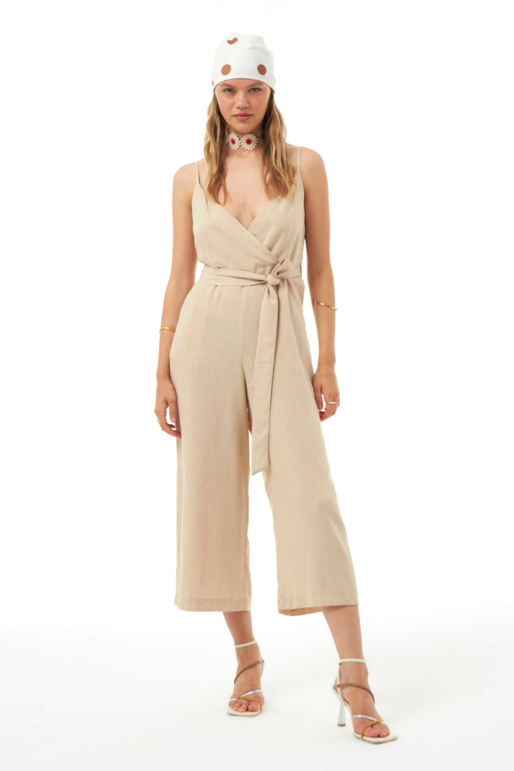 Strap Linen Overalls Beige
