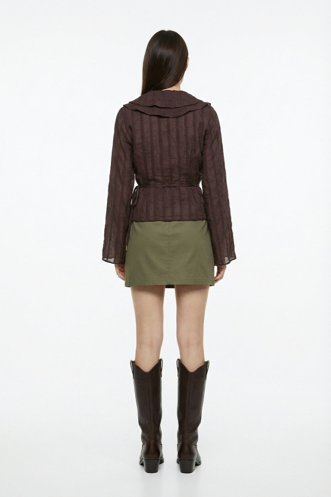 Fırfırlı Kruvaze Bağlamalı Bluz Kahverengi