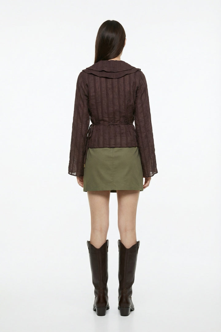 Fırfırlı Kruvaze Bağlamalı Bluz Kahverengi