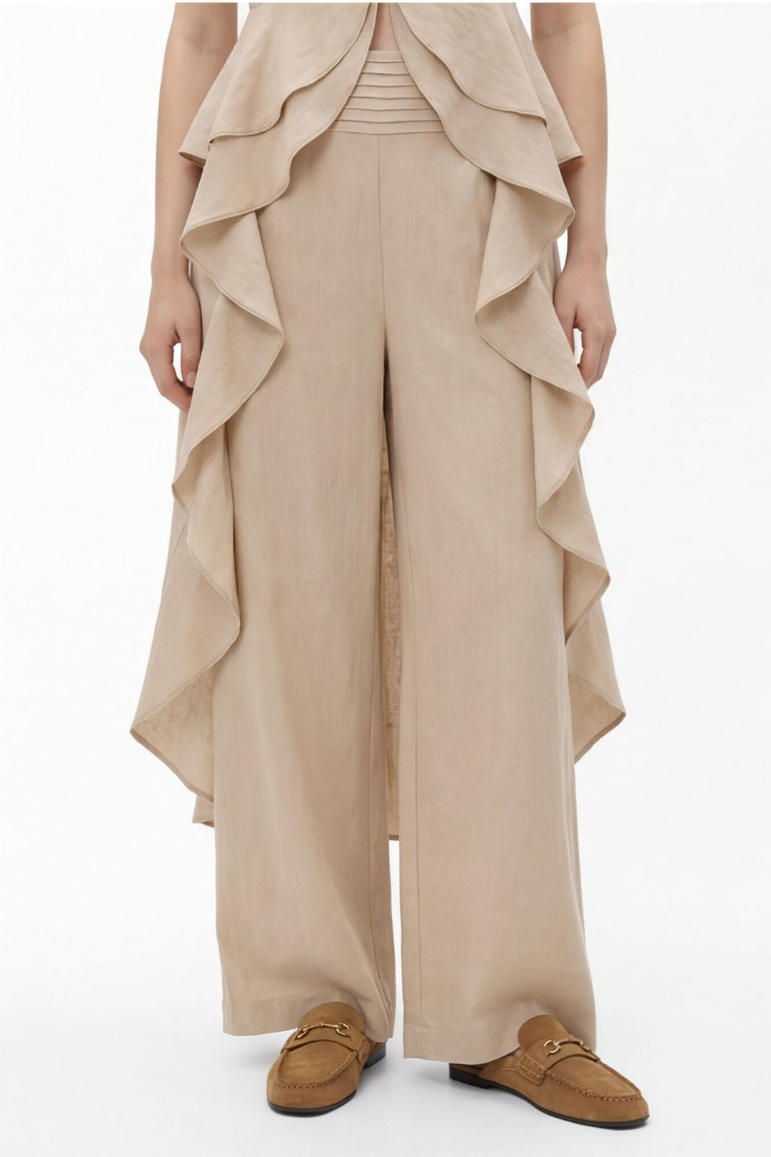 Pileli Bel Bantlı Bol Paça Pantolon Bej