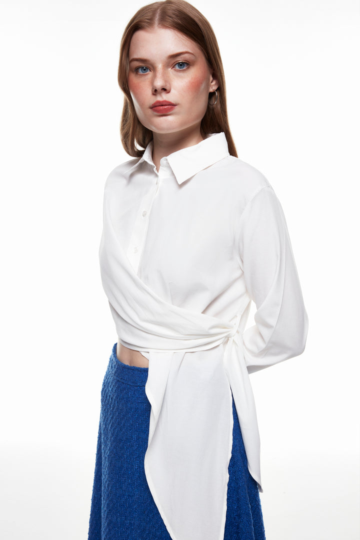 Tie Detailed Crop Shirt Ecru
