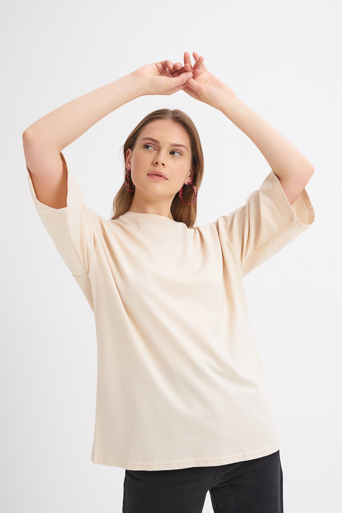 Trojan Sleeve Basic Oversize T-Shirt Light Beige