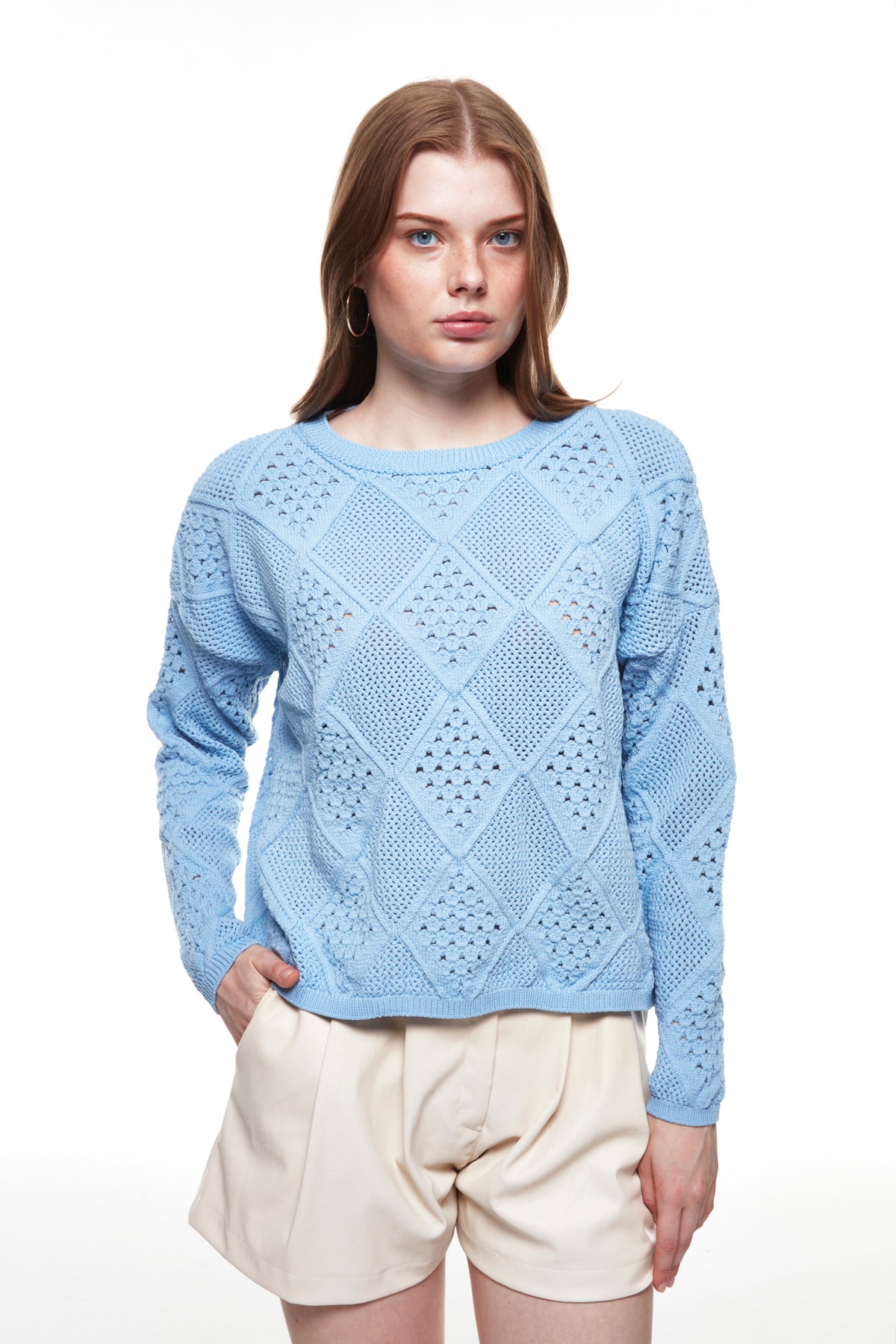 Crew Neck Hole Knitwear Blue